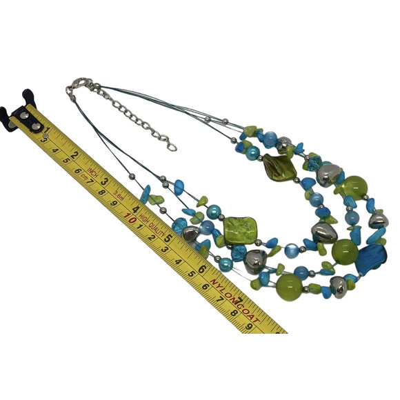 Multicolored Turquoise Stones Green Beads Three Strand Necklace Handcrafted - Picture 13 of 15